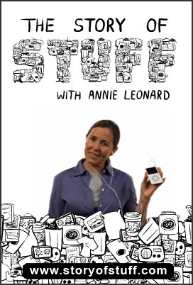 The Story of Stuff with Annie Leonard image features Annie Leonard photo holding ipod is integrated with black and white line drawing of Stuff